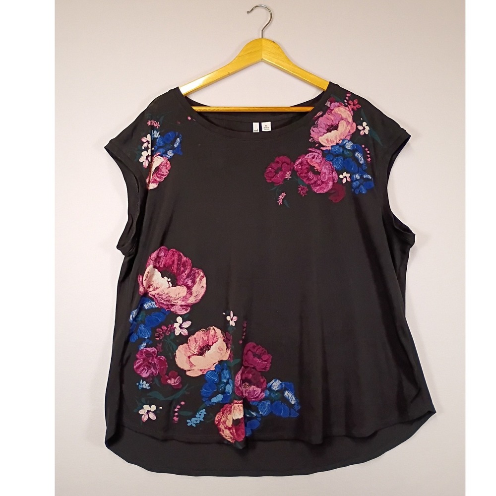 Dark Floral Aesthetic ELLE Women XL Black Pink Blue Cap Sleeve Pleated Blouse